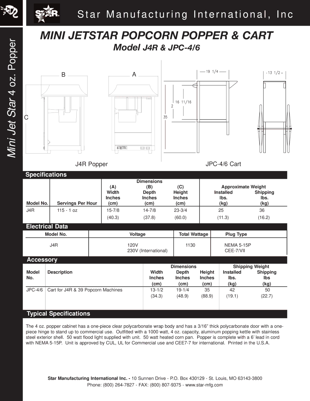 Star Manufacturing J4R, JPC-4/6 warranty Electrical Data, Accessory, Typical Specifications 