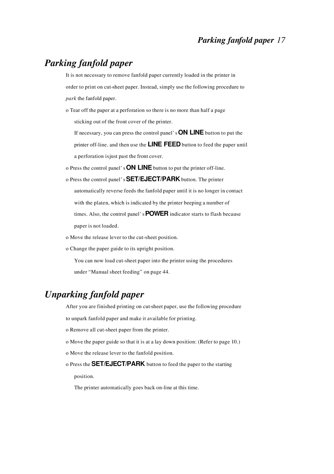 Star Manufacturing LC-4522 user manual Parking fanfold paper, Unparking fanfold paper 