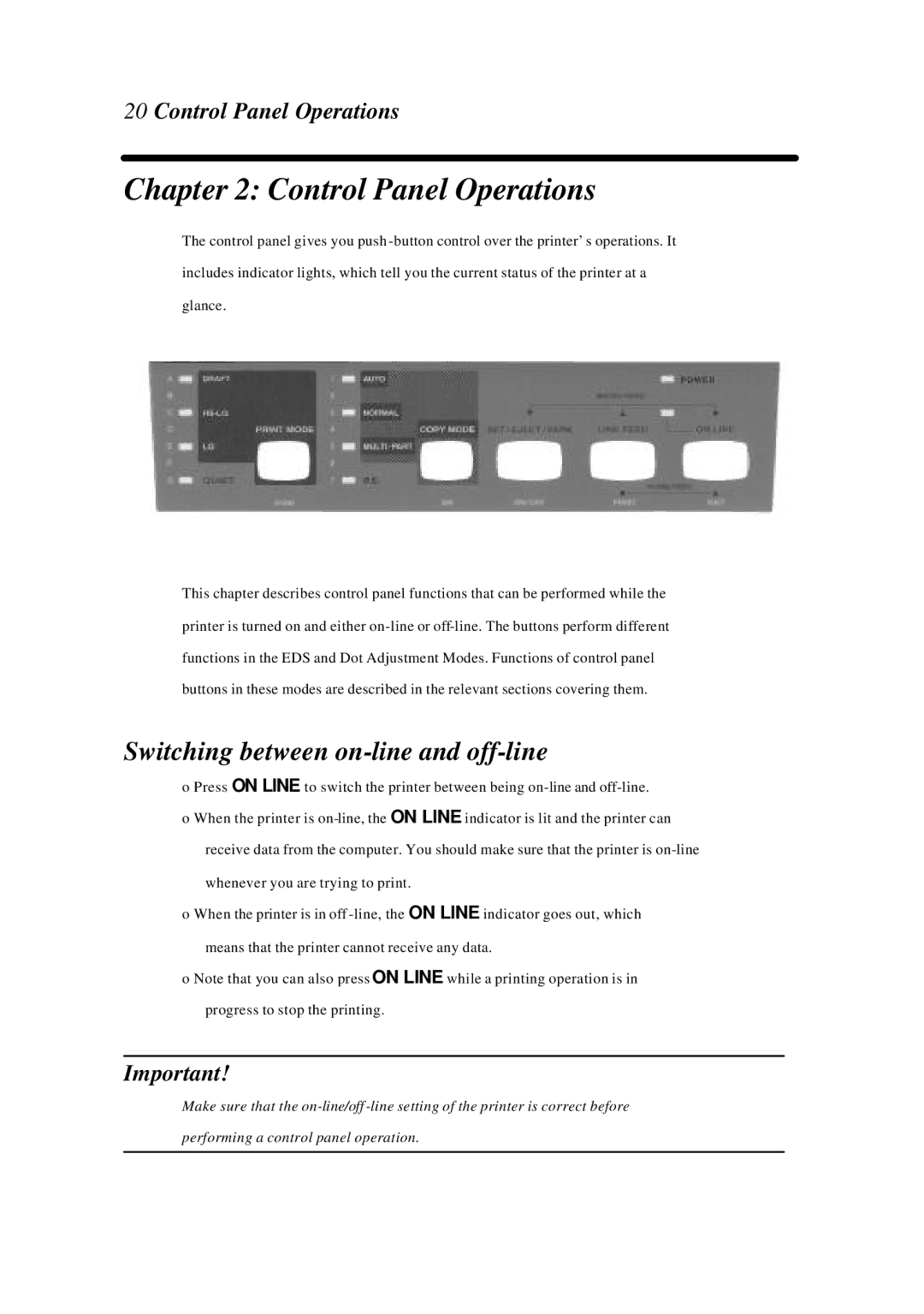 Star Manufacturing LC-4522 user manual Switching between on-line and off-line, Control Panel Operations 