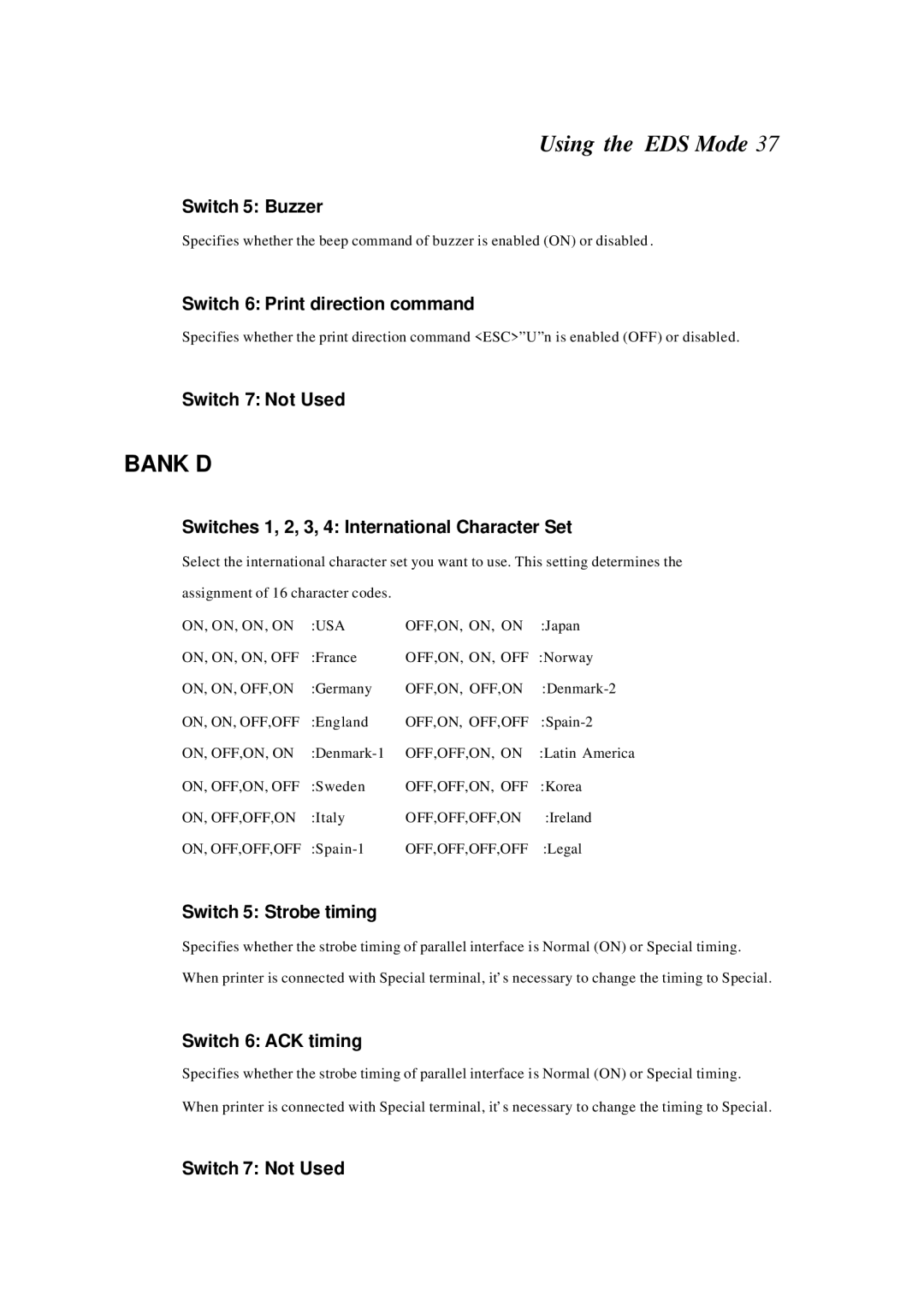 Star Manufacturing LC-4522 Switch 5 Buzzer, Switch 6 Print direction command, Switch 5 Strobe timing, Switch 6 ACK timing 