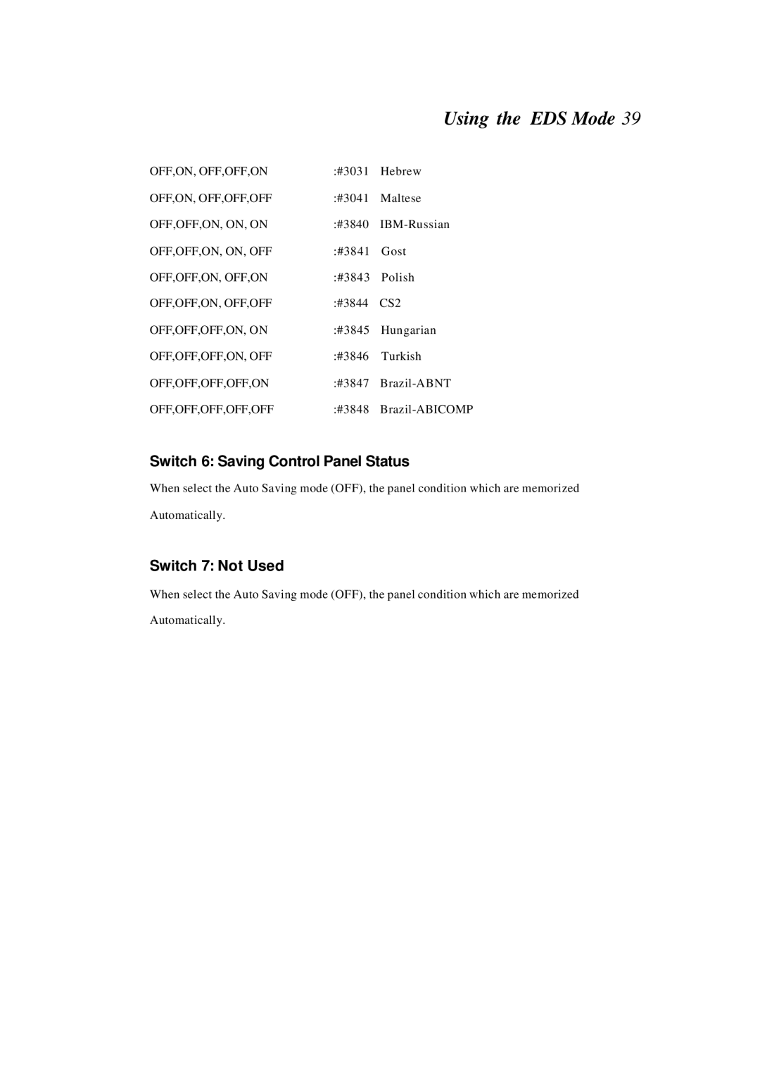 Star Manufacturing LC-4522 user manual Switch 6 Saving Control Panel Status 