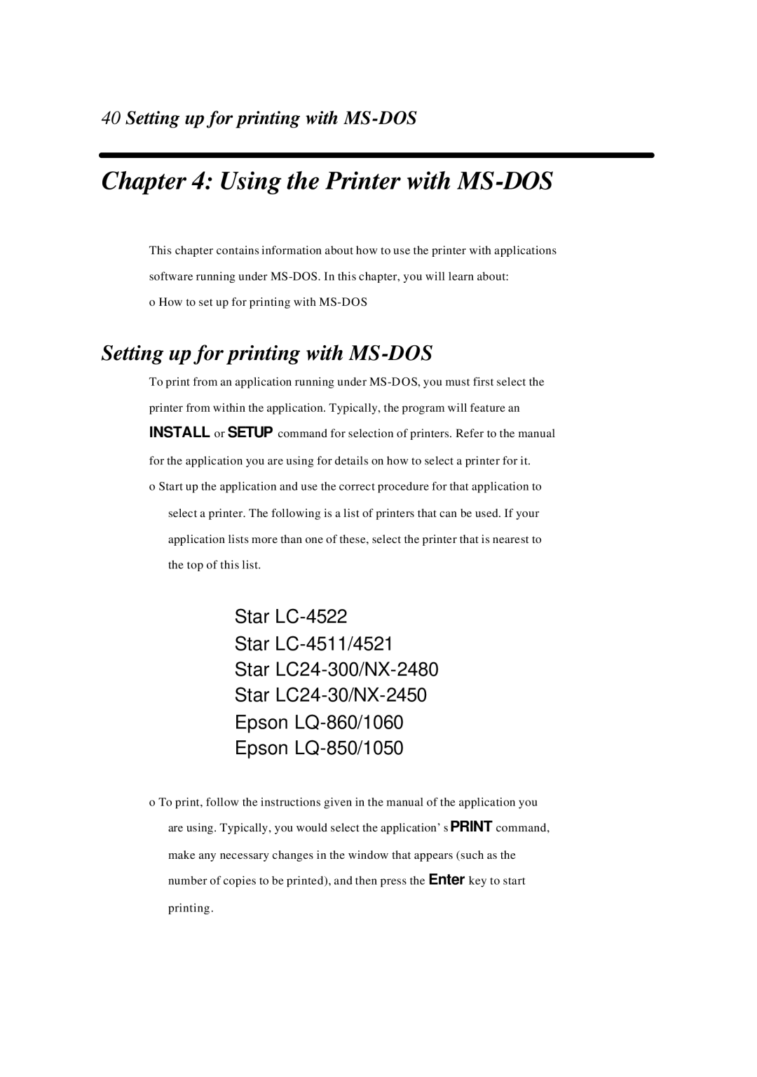 Star Manufacturing LC-4522 user manual Setting up for printing with MS-DOS 