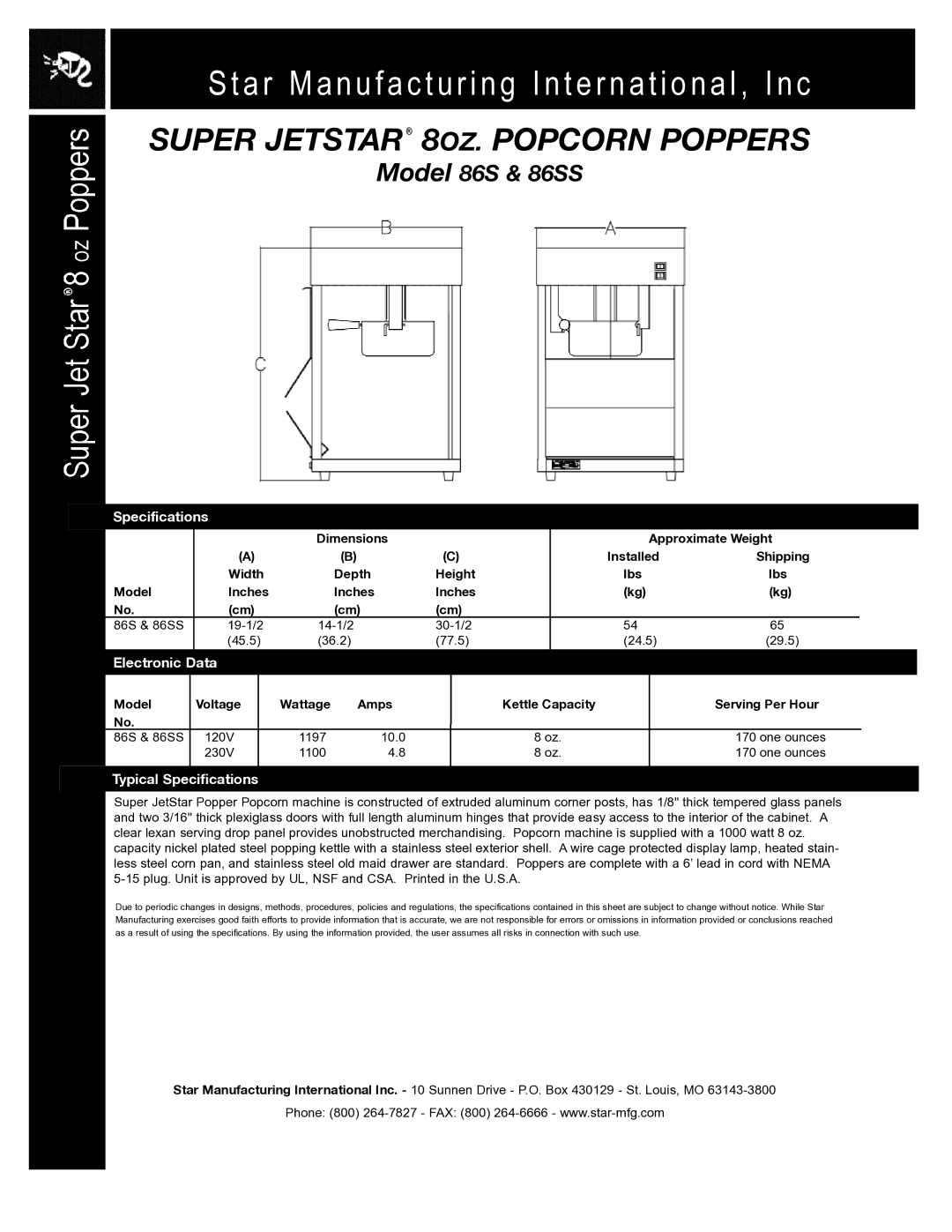 Star Manufacturing Model 86SS warranty Electronic Data, Typical Specifications 