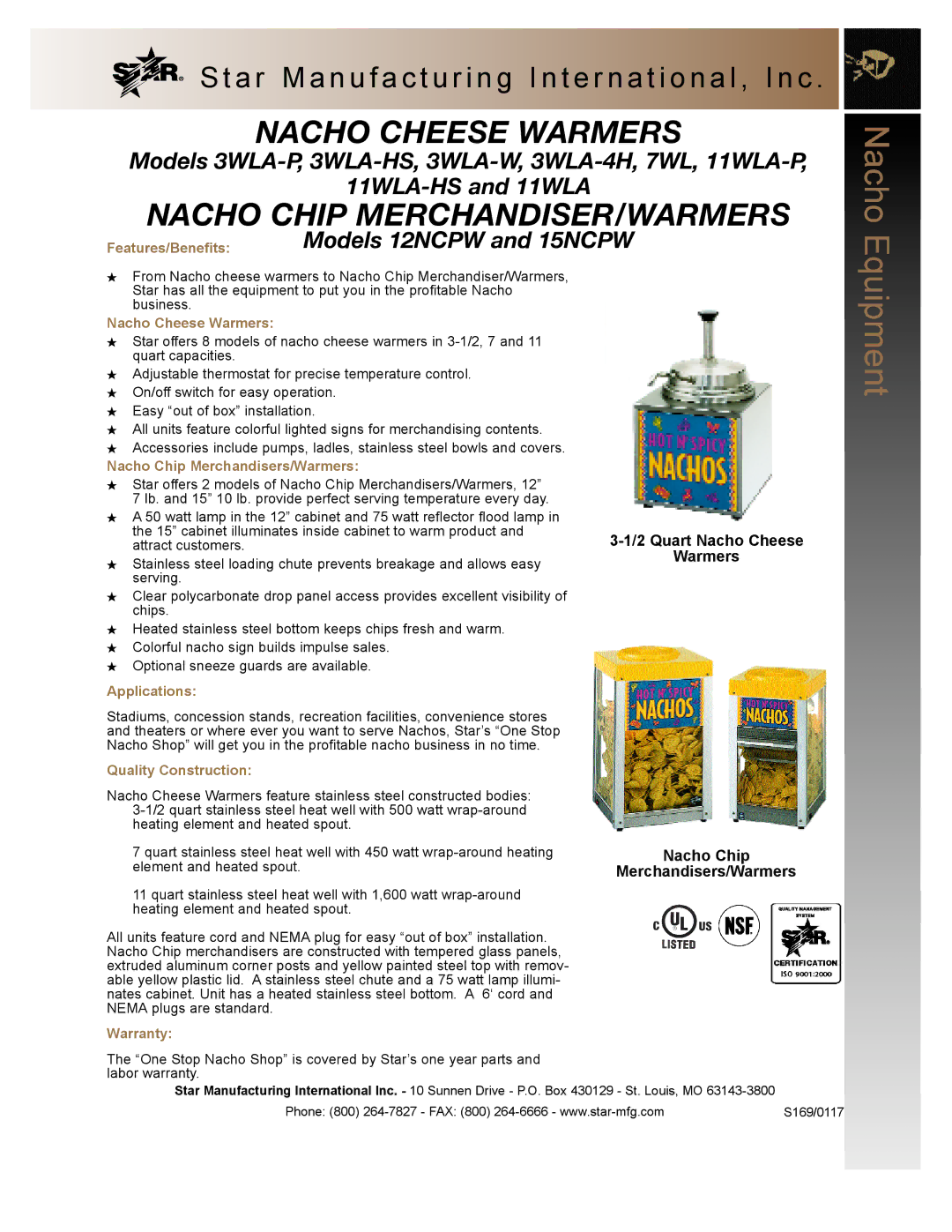 Star Manufacturing 12NCPW warranty Features/Benefits, Nacho Cheese Warmers, Nacho Chip Merchandisers/Warmers, Applications 