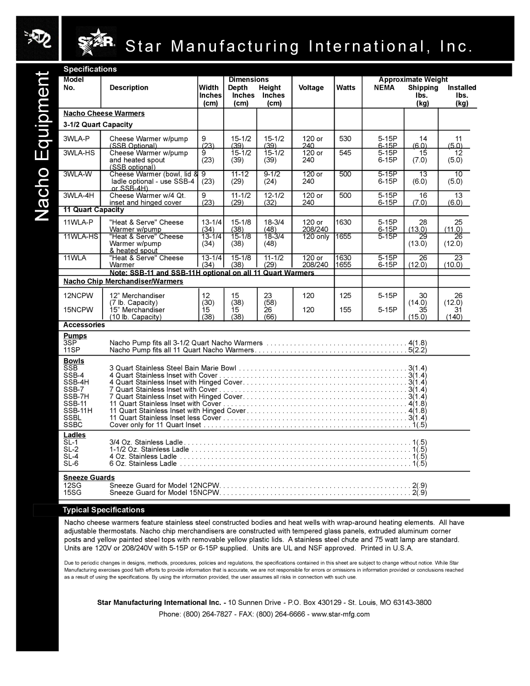 Star Manufacturing 3WLA-W, S169, 12NCPW, 3WLA-4H, 15NCPW, 11WLA-HS, 3WLA-P, 3WLA-HS, 11WLA-P, 3WLA-7WL Typical Specifications 