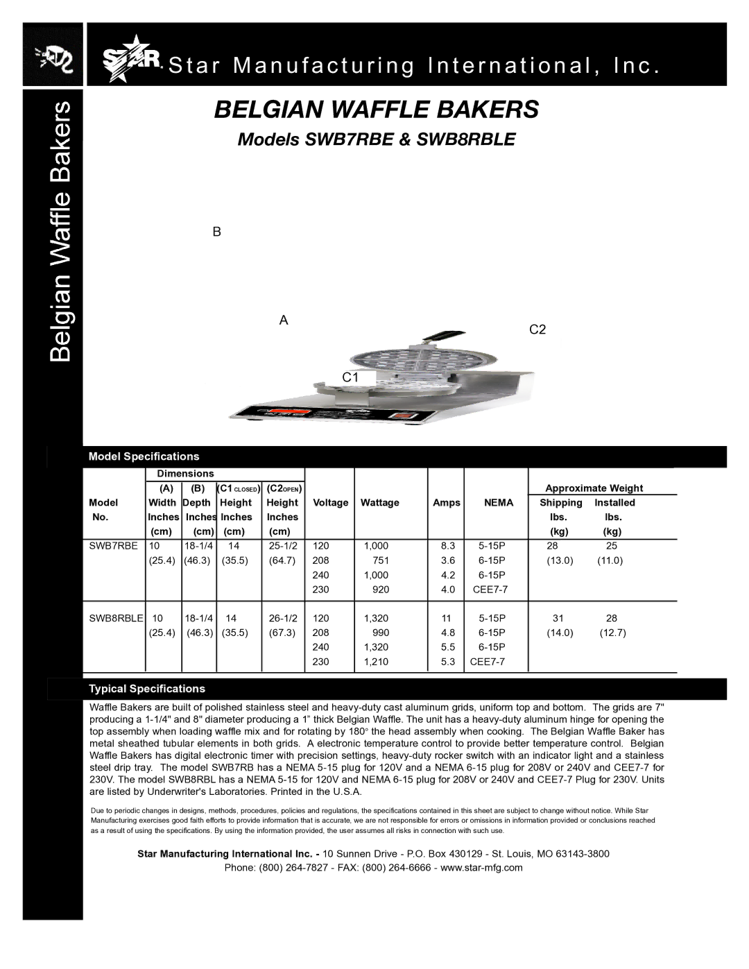 Star Manufacturing SWB8RBLE warranty Model Specifications, Typical Specifications 