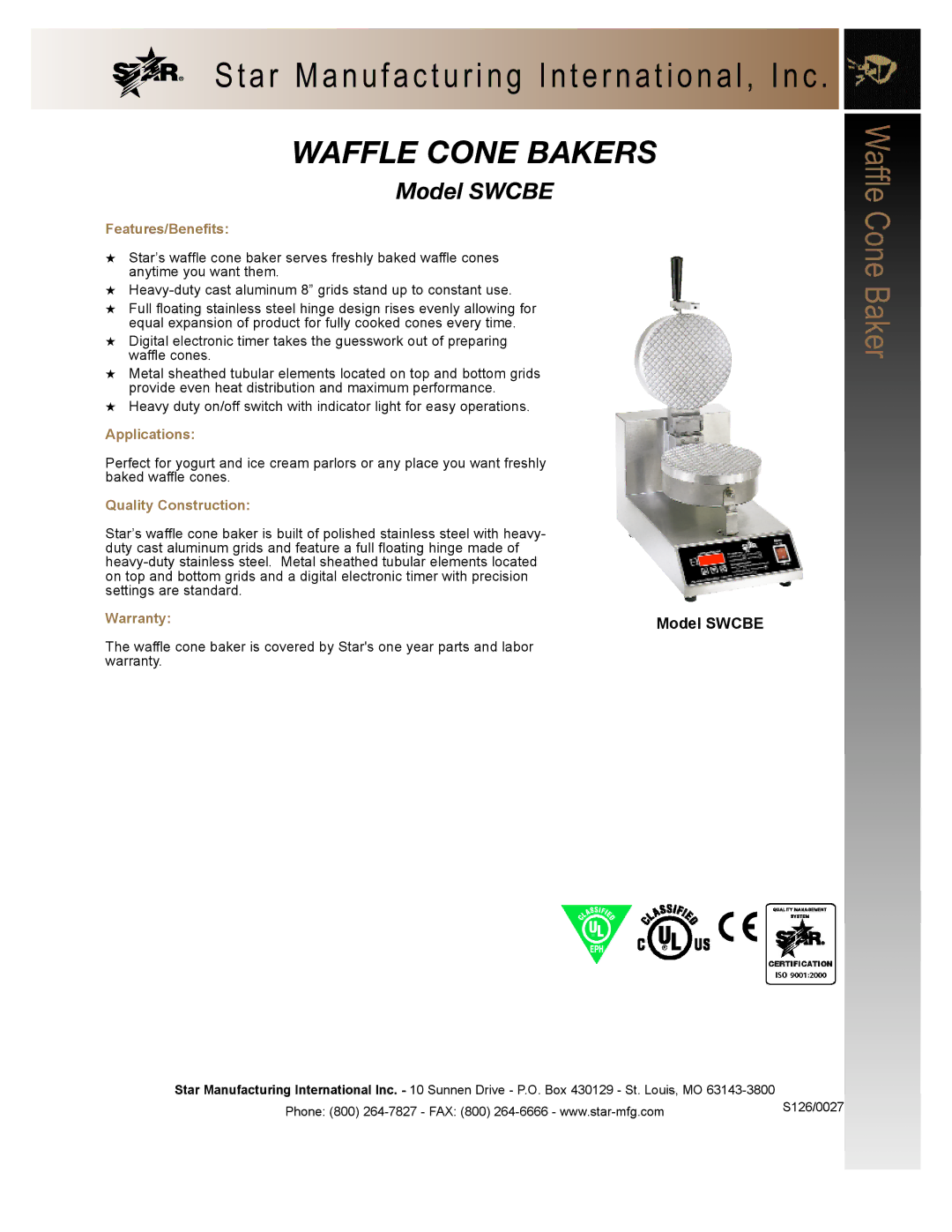 Star Manufacturing SWCBE warranty Waffle Cone Bakers, Model Swcbe 