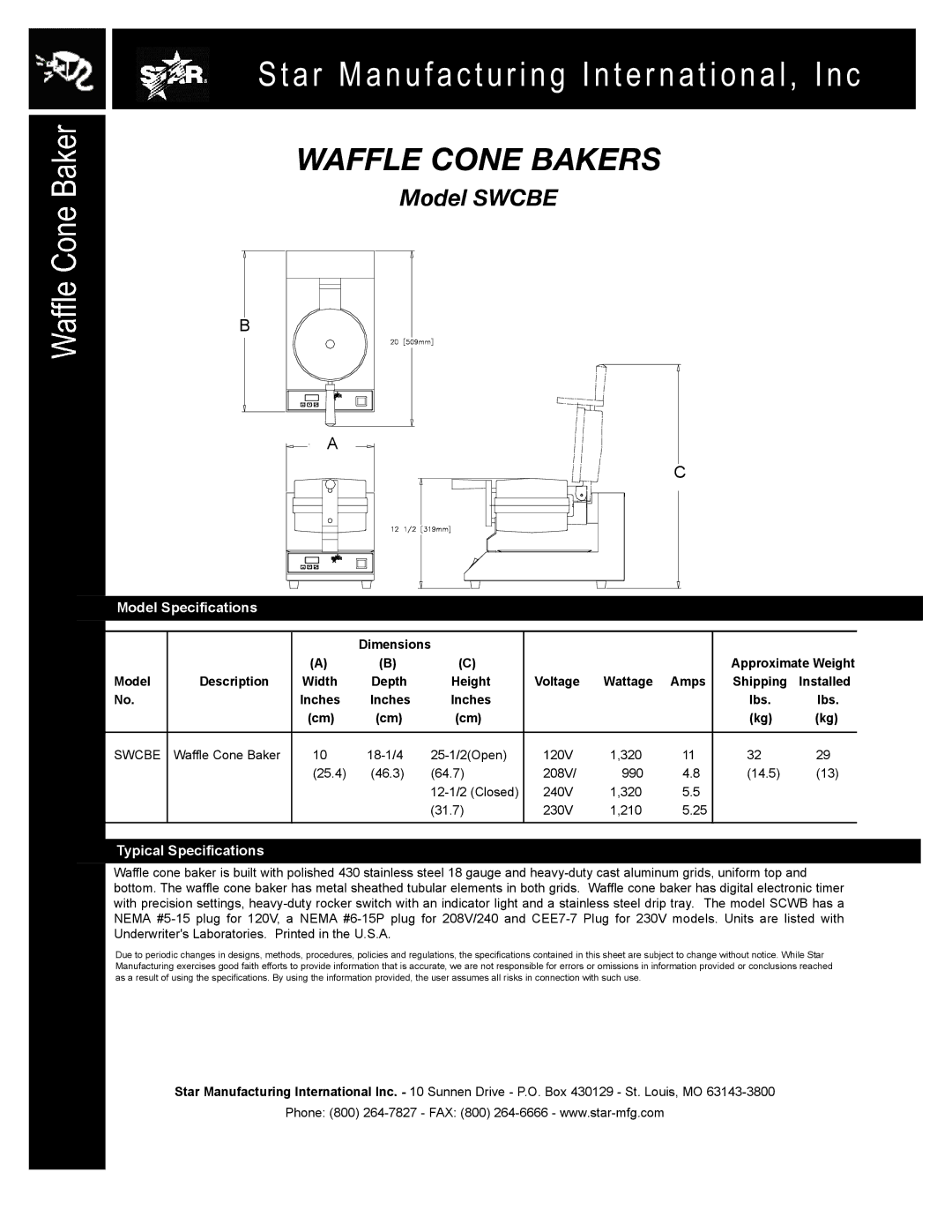 Star Manufacturing SWCBE warranty Model Specifications, Typical Specifications 