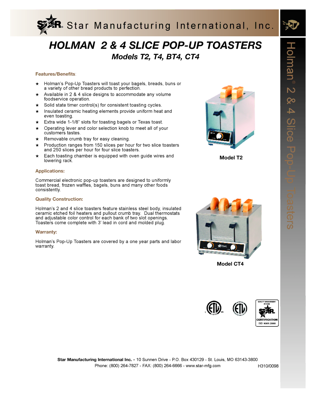 Star Manufacturing BT4 warranty Model T2, Model CT4 