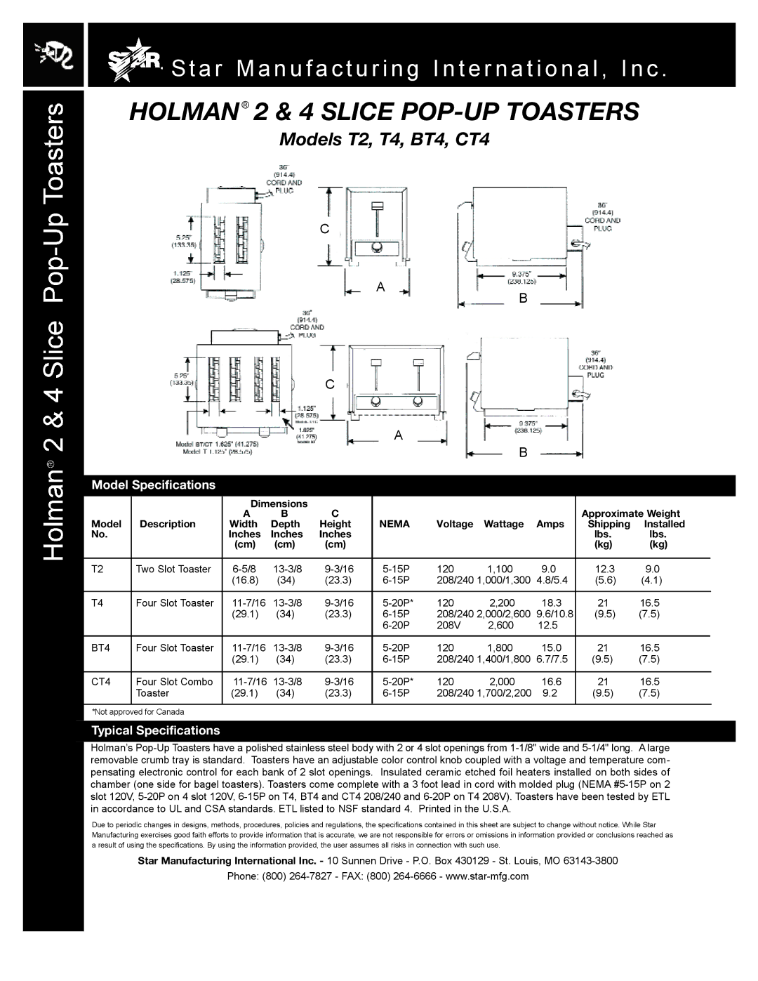 Star Manufacturing CT4, T2 warranty Model Specifications, Typical Specifications, BT4 