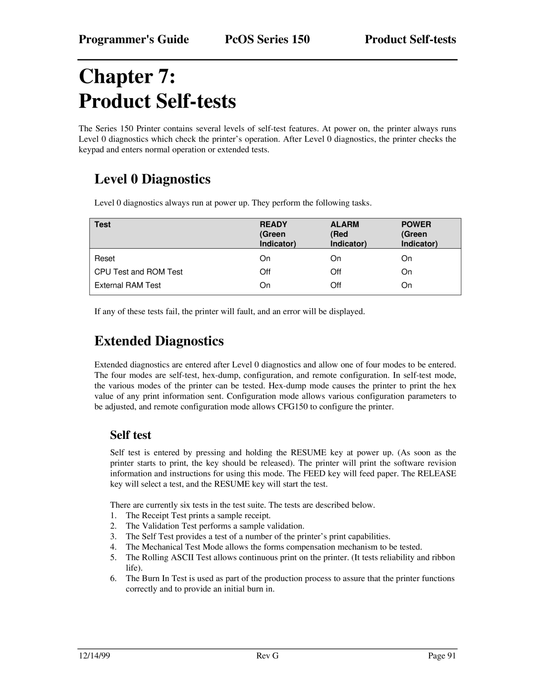 Star Micronics 150 manual Chapter Product Self-tests, Level 0 Diagnostics, Extended Diagnostics, Self test, Test 