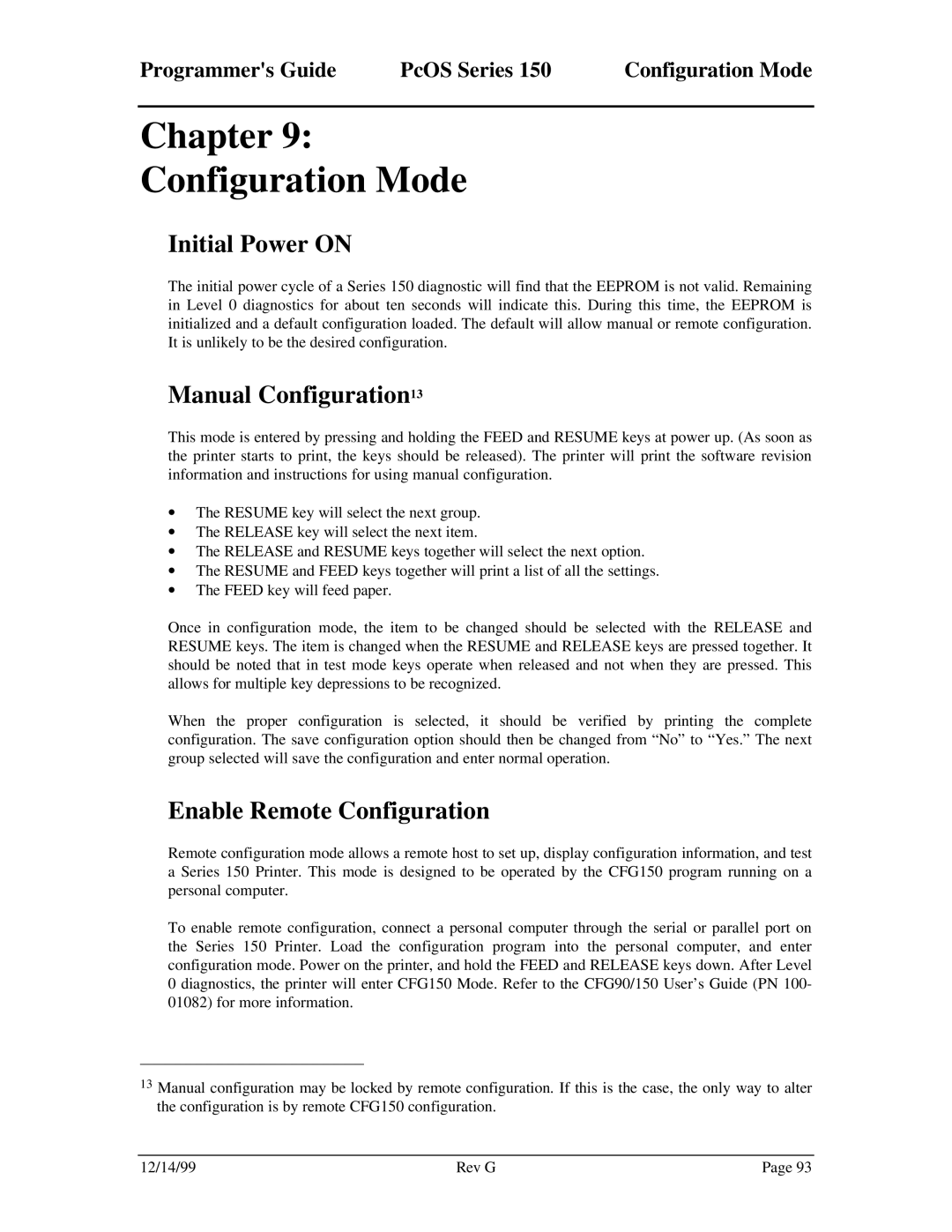 Star Micronics 150 manual Chapter Configuration Mode, Initial Power on, Manual Configuration13, Enable Remote Configuration 