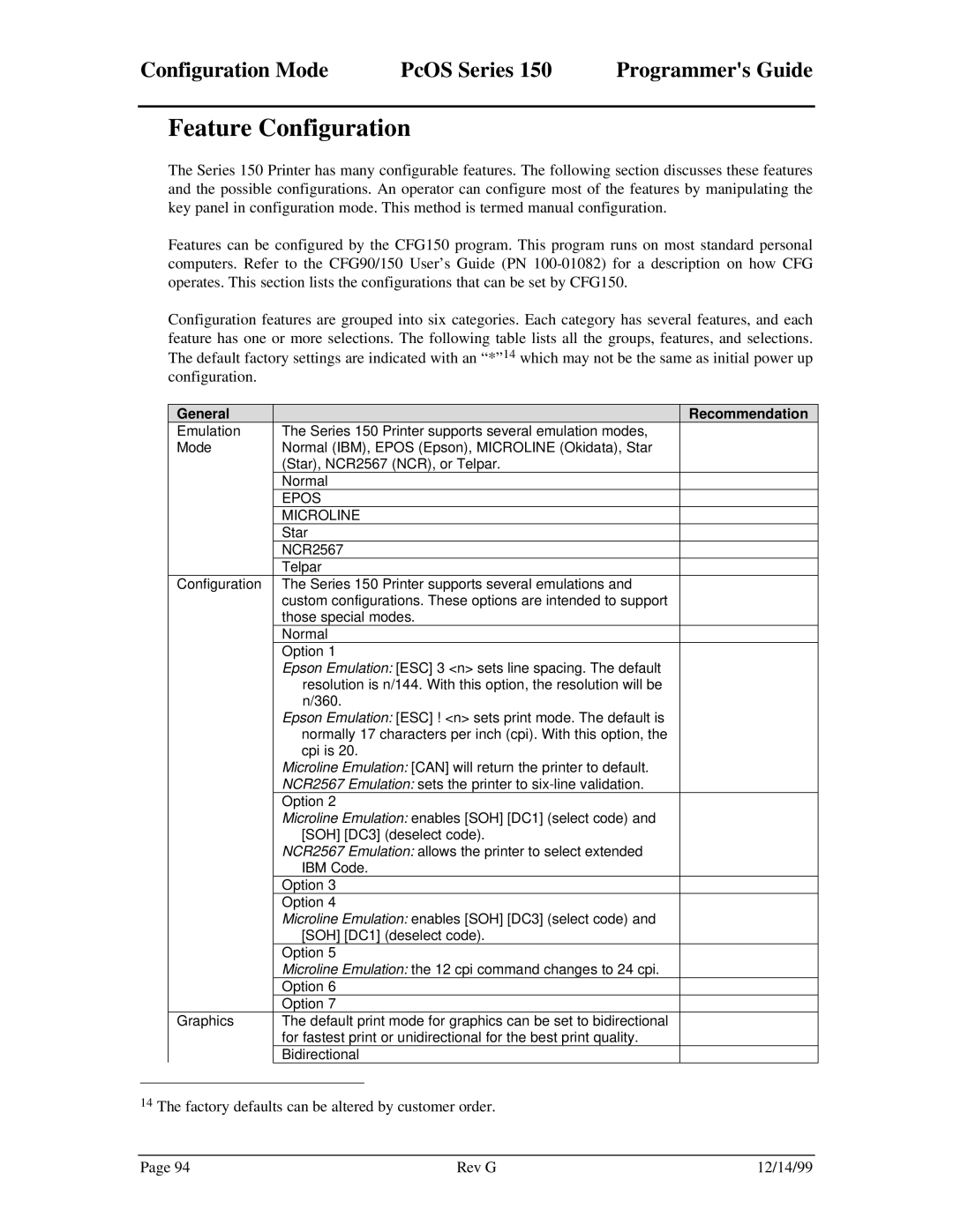 Star Micronics 150 manual Feature Configuration, Configuration Mode PcOS Series, General Recommendation, Epos Microline 