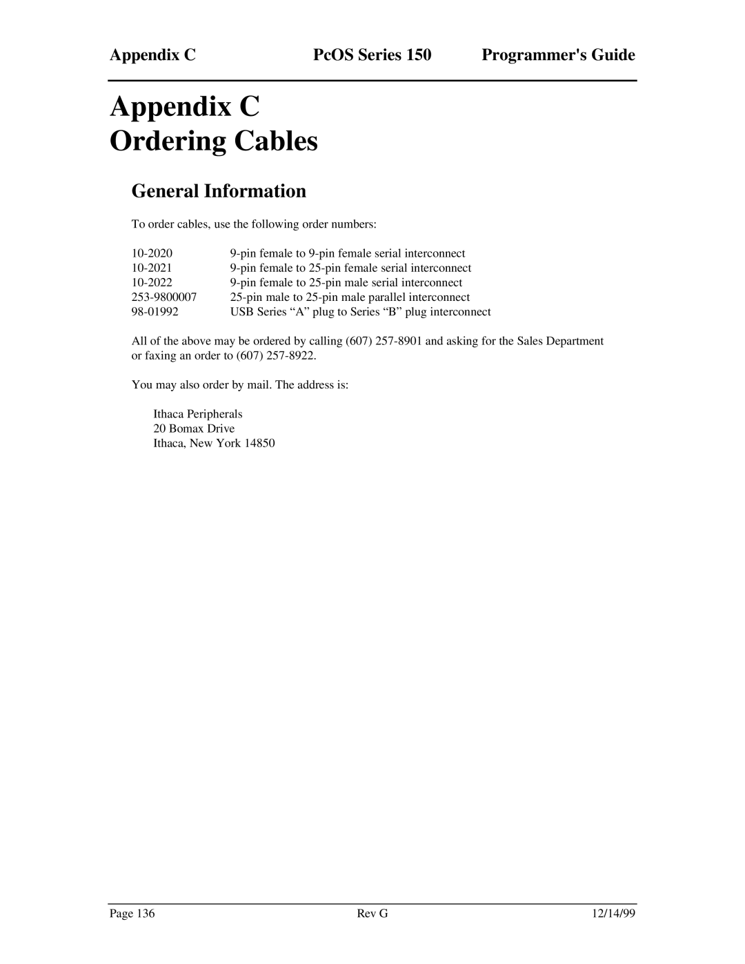 Star Micronics 150 manual Appendix C Ordering Cables, General Information, Appendix C PcOS Series 