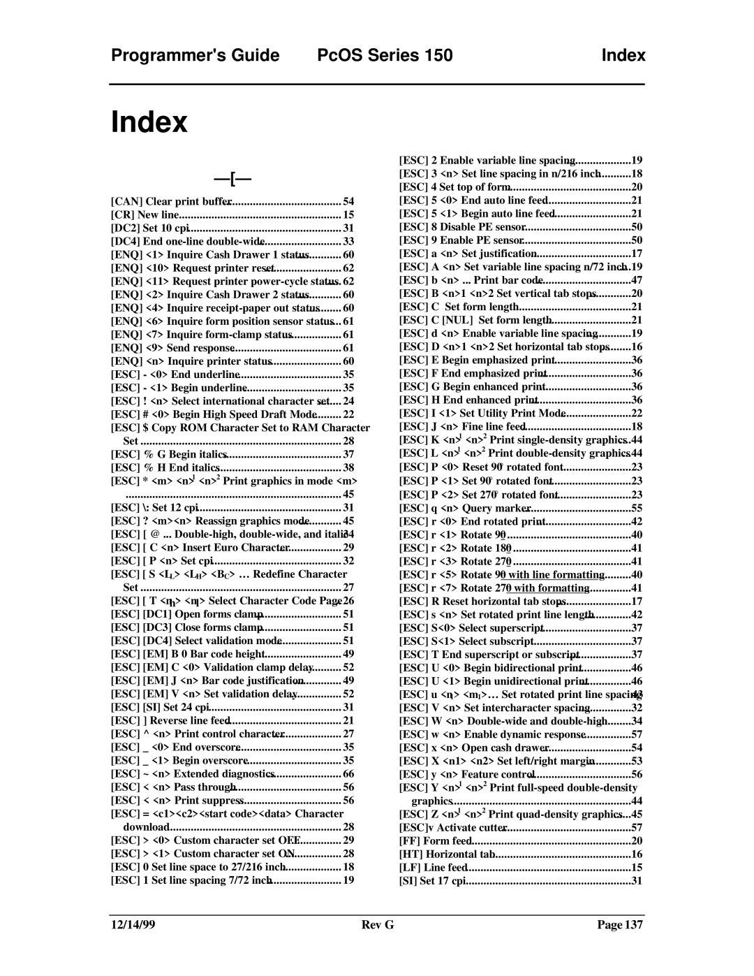 Star Micronics 150 manual Programmers Guide PcOS Series Index 