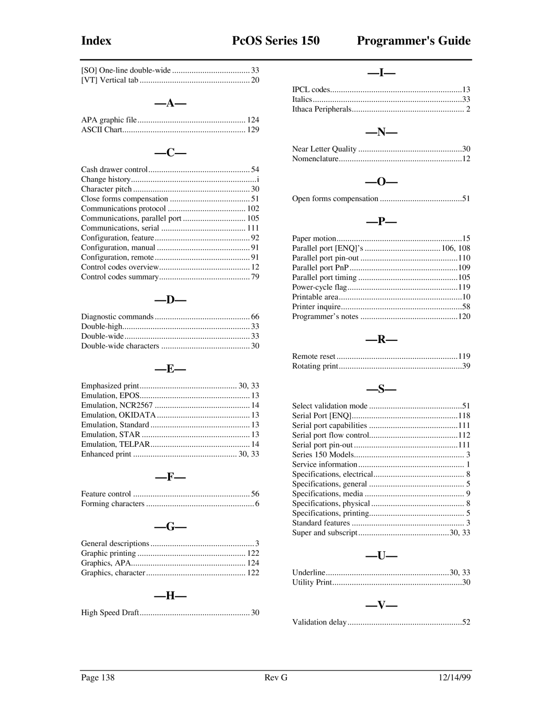 Star Micronics 150 manual Index PcOS Series, APA graphic file 124 Ascii Chart 129 