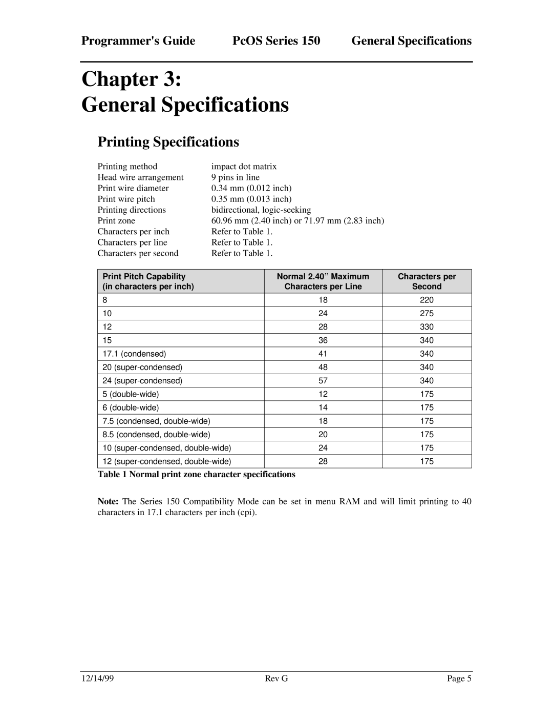 Star Micronics 150 manual Chapter General Specifications, Printing Specifications 