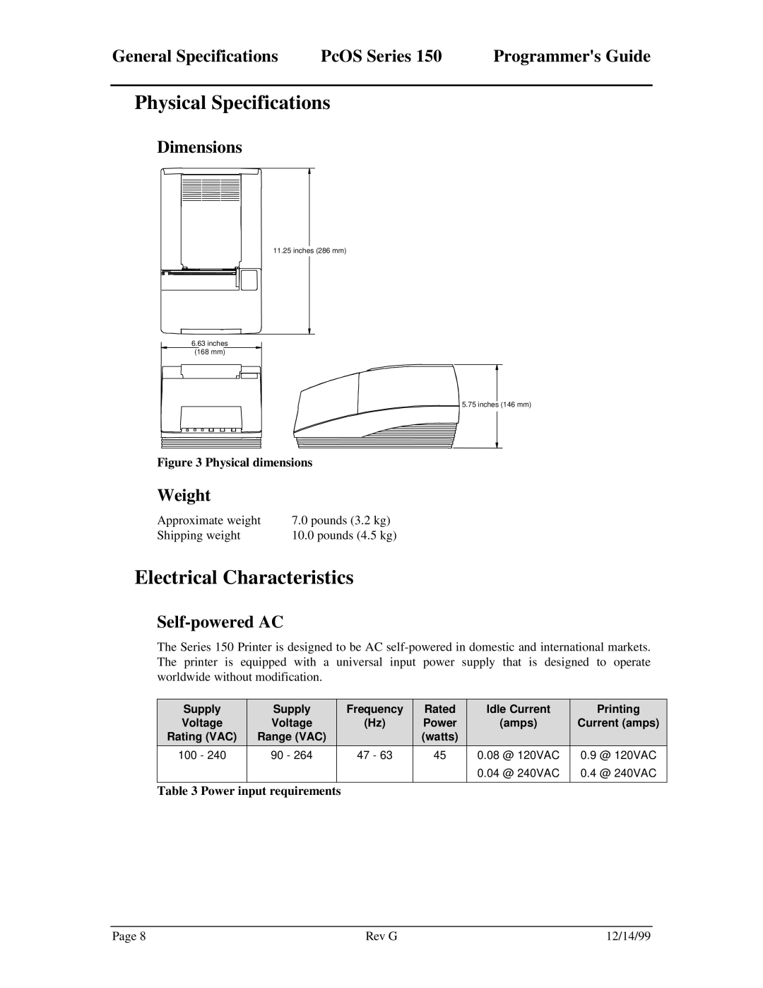 Star Micronics 150 manual Physical Specifications, Electrical Characteristics 