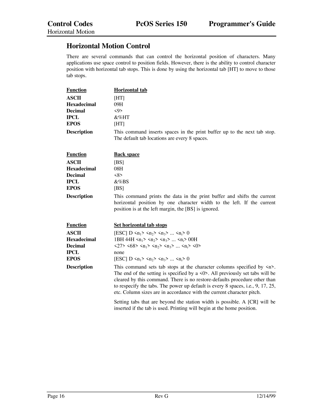 Star Micronics 150 manual Control Codes PcOS Series, Horizontal Motion Control 