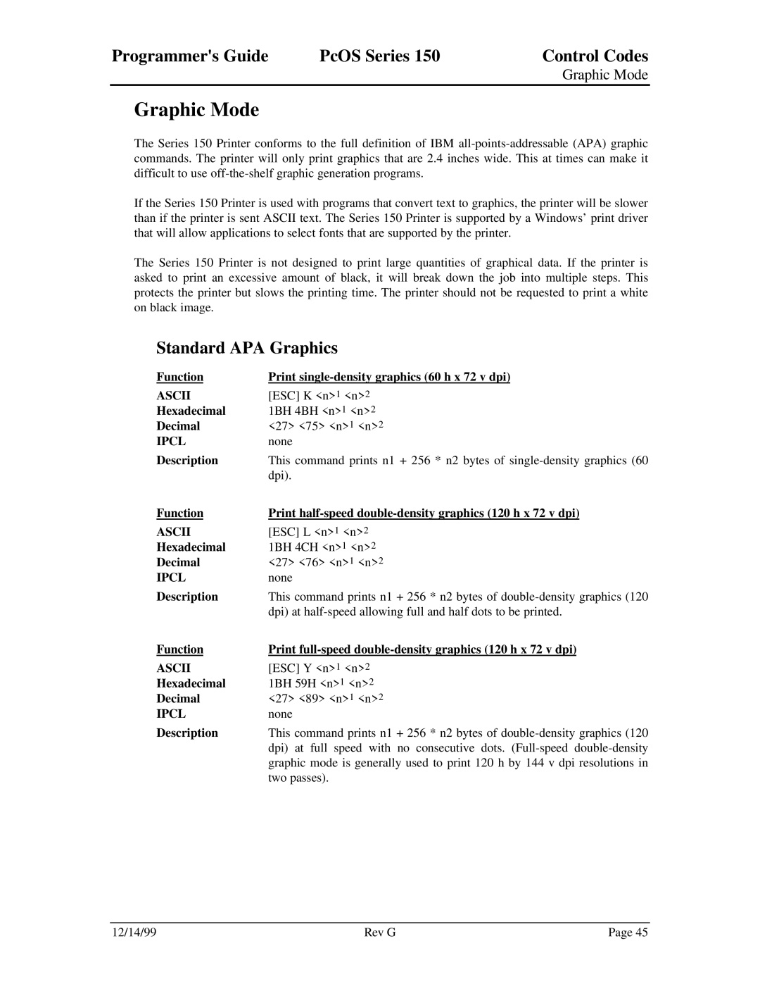 Star Micronics 150 manual Graphic Mode, Standard APA Graphics 