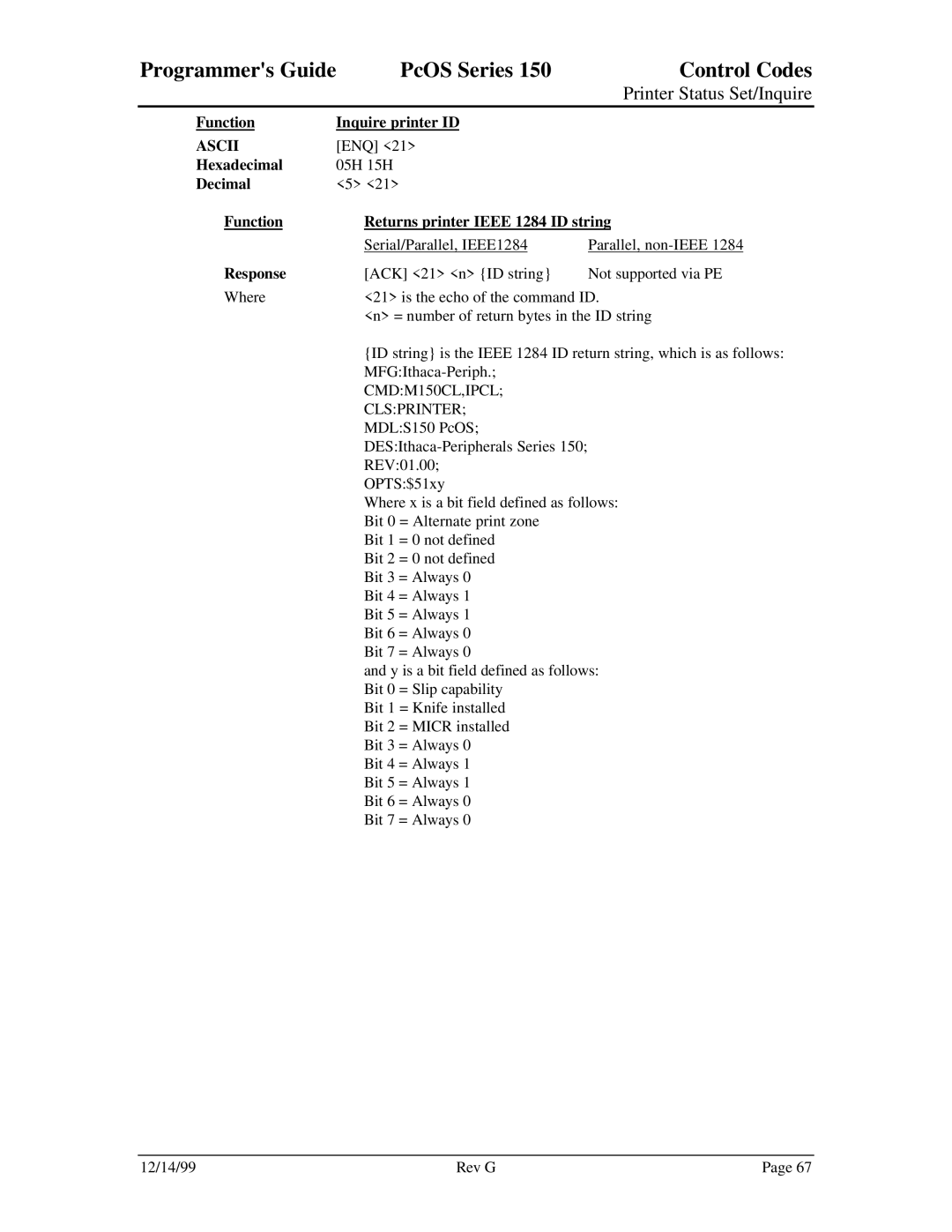 Star Micronics 150 manual Function Inquire printer ID 