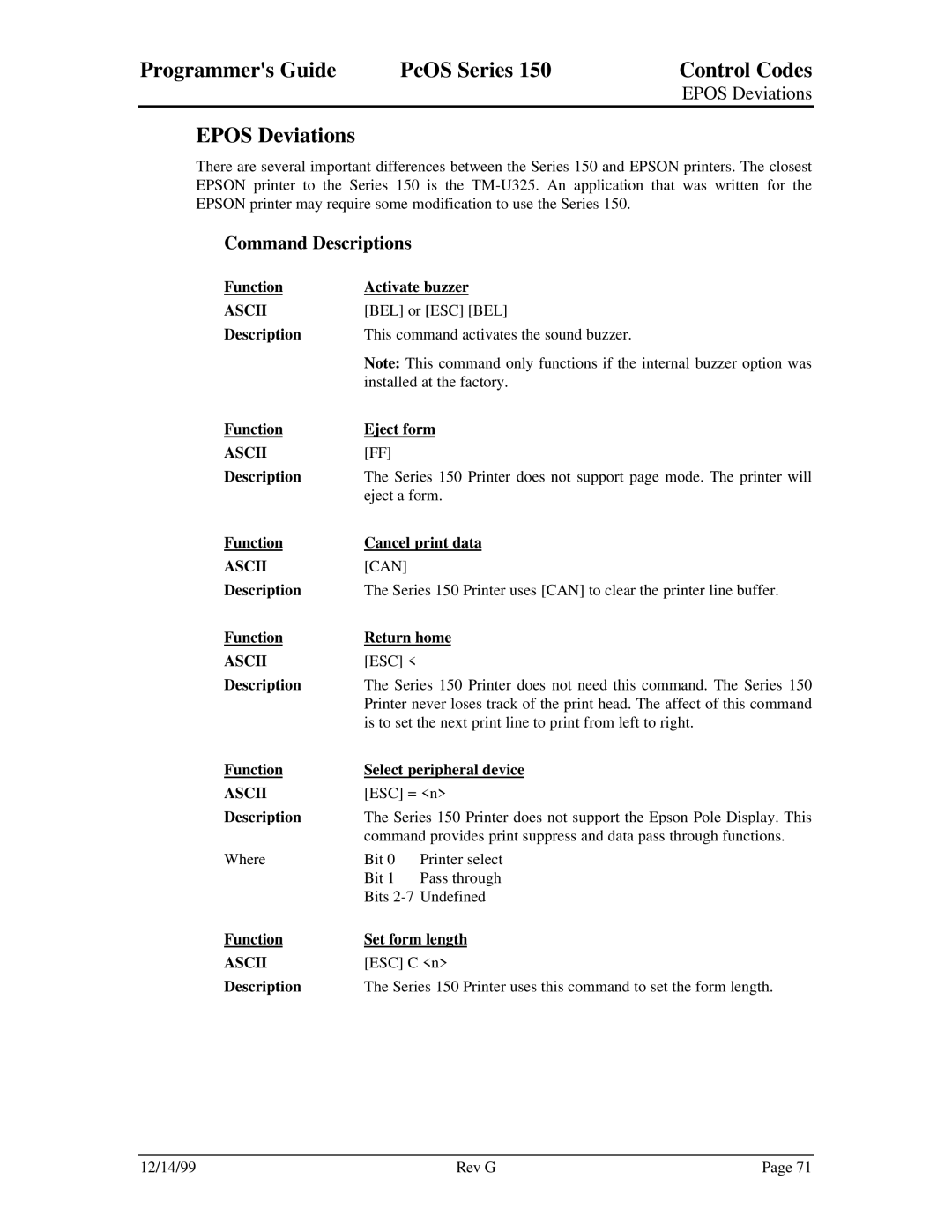 Star Micronics 150 manual Epos Deviations, Command Descriptions 