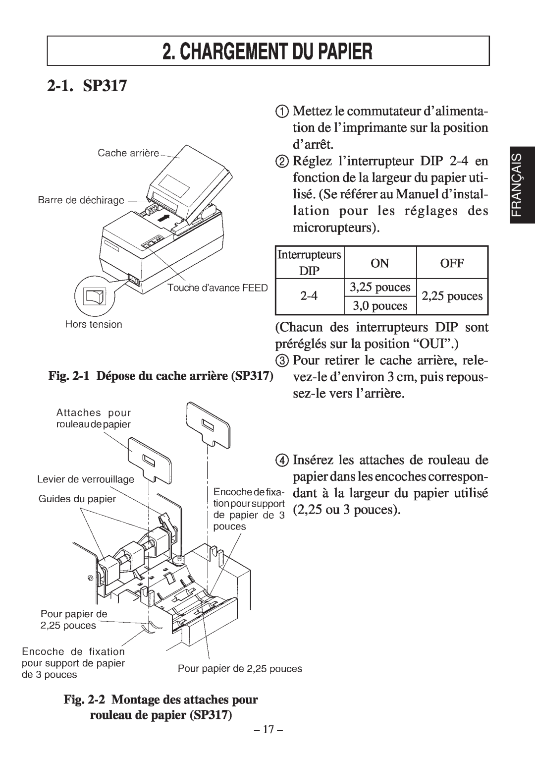 Star Micronics 347F user manual Chargement Du Papier, 2-1. SP317, 2 Montage des attaches pour rouleau de papier SP317 