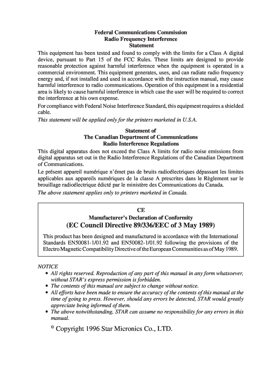 Star Micronics 347F user manual EC Council Directive 89/336/EEC of 3 May, Statement, Radio Interference Regulations 