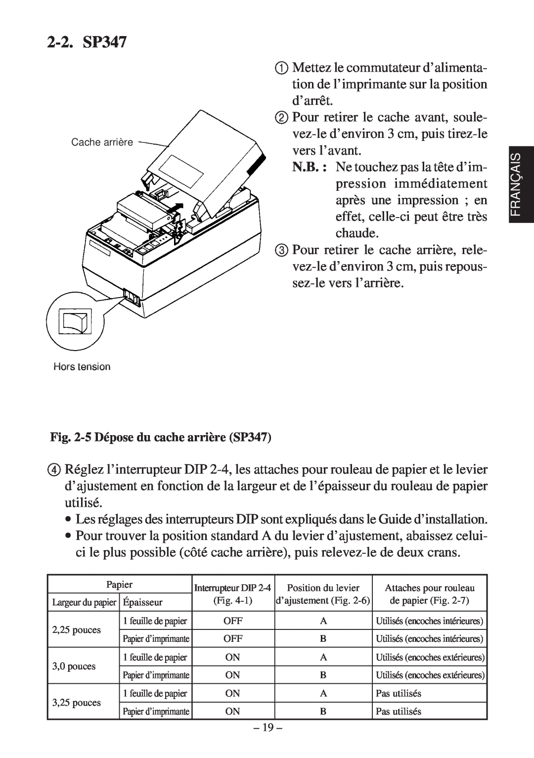 Star Micronics 347F user manual 2-2. SP347, 5 Dépose du cache arrière SP347, Cache arrière, Hors tension 