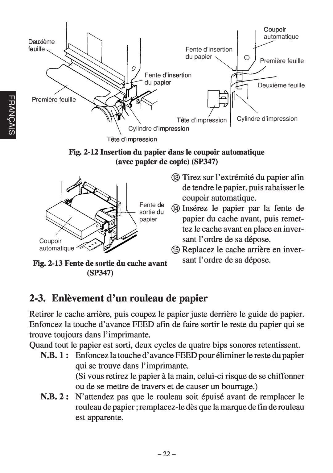 Star Micronics 347F user manual Enlèvement d’un rouleau de papier 