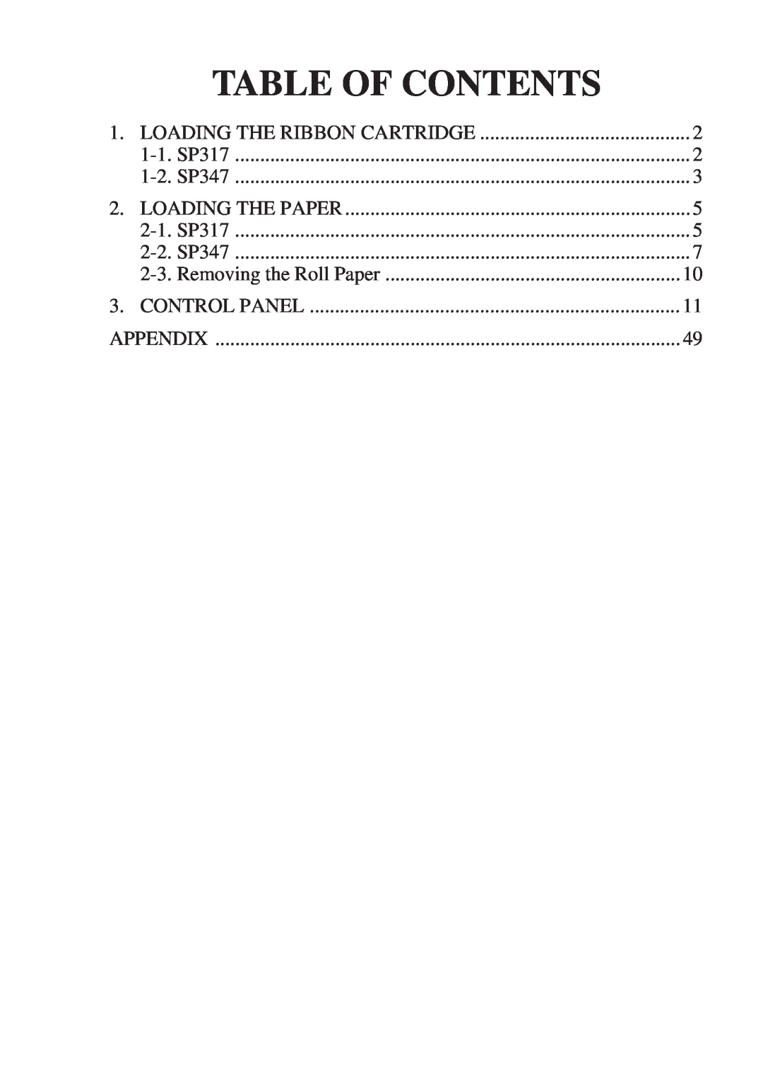 Star Micronics 347F Table Of Contents, 1-1. SP317, SP347, Loading The Paper, Removing the Roll Paper, Control Panel 