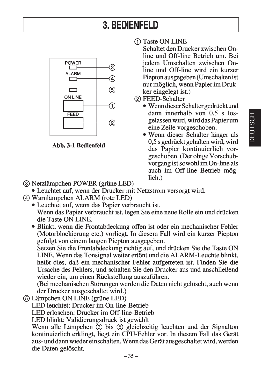 Star Micronics 347F user manual Bedienfeld 
