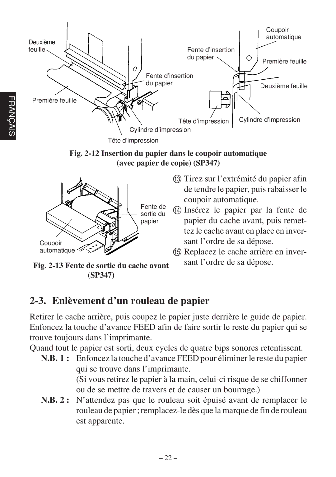 Star Micronics 347F user manual Enlèvement d’un rouleau de papier 