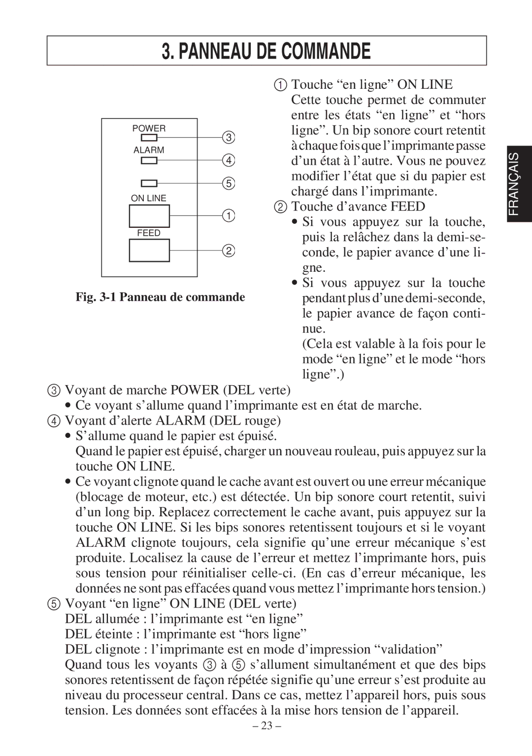 Star Micronics 347F user manual Panneau DE Commande, Touche en ligne on Line 