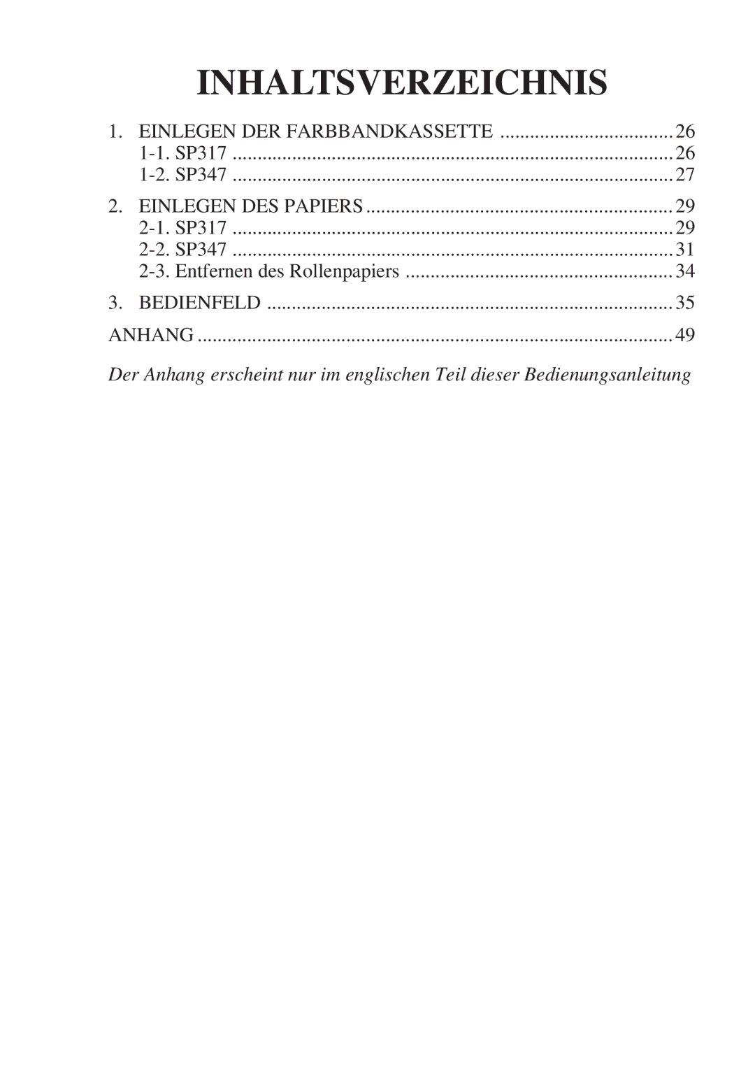 Star Micronics 347F user manual Inhaltsverzeichnis 