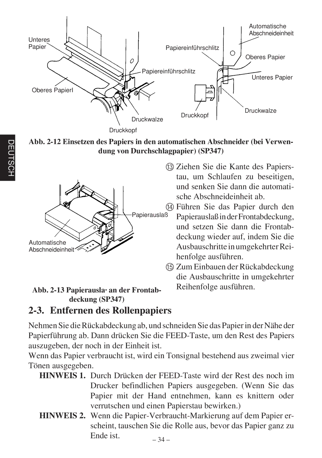 Star Micronics 347F user manual Automatische Abschneideinheit Unteres Papier 