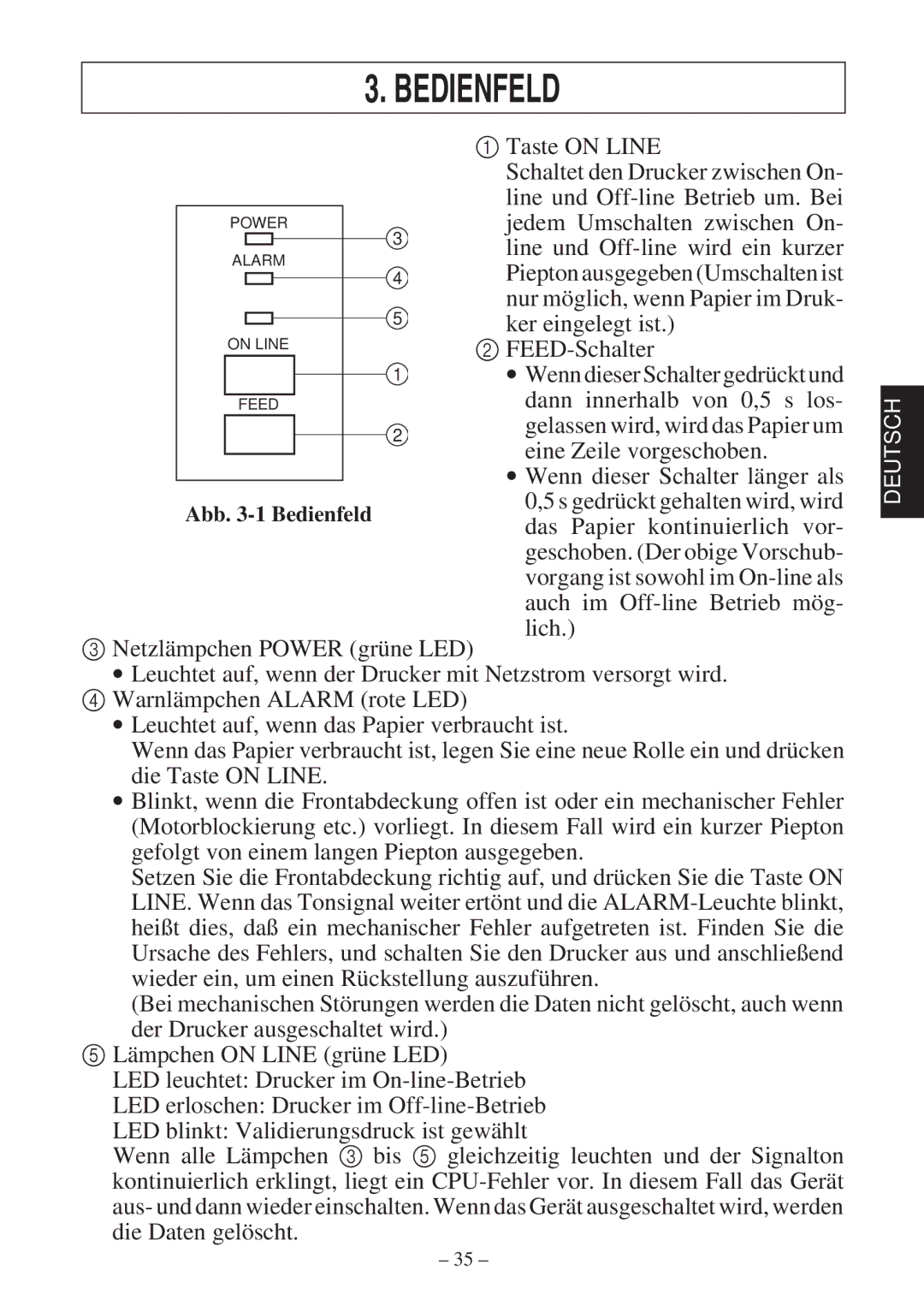 Star Micronics 347F user manual Bedienfeld, Taste on Line 