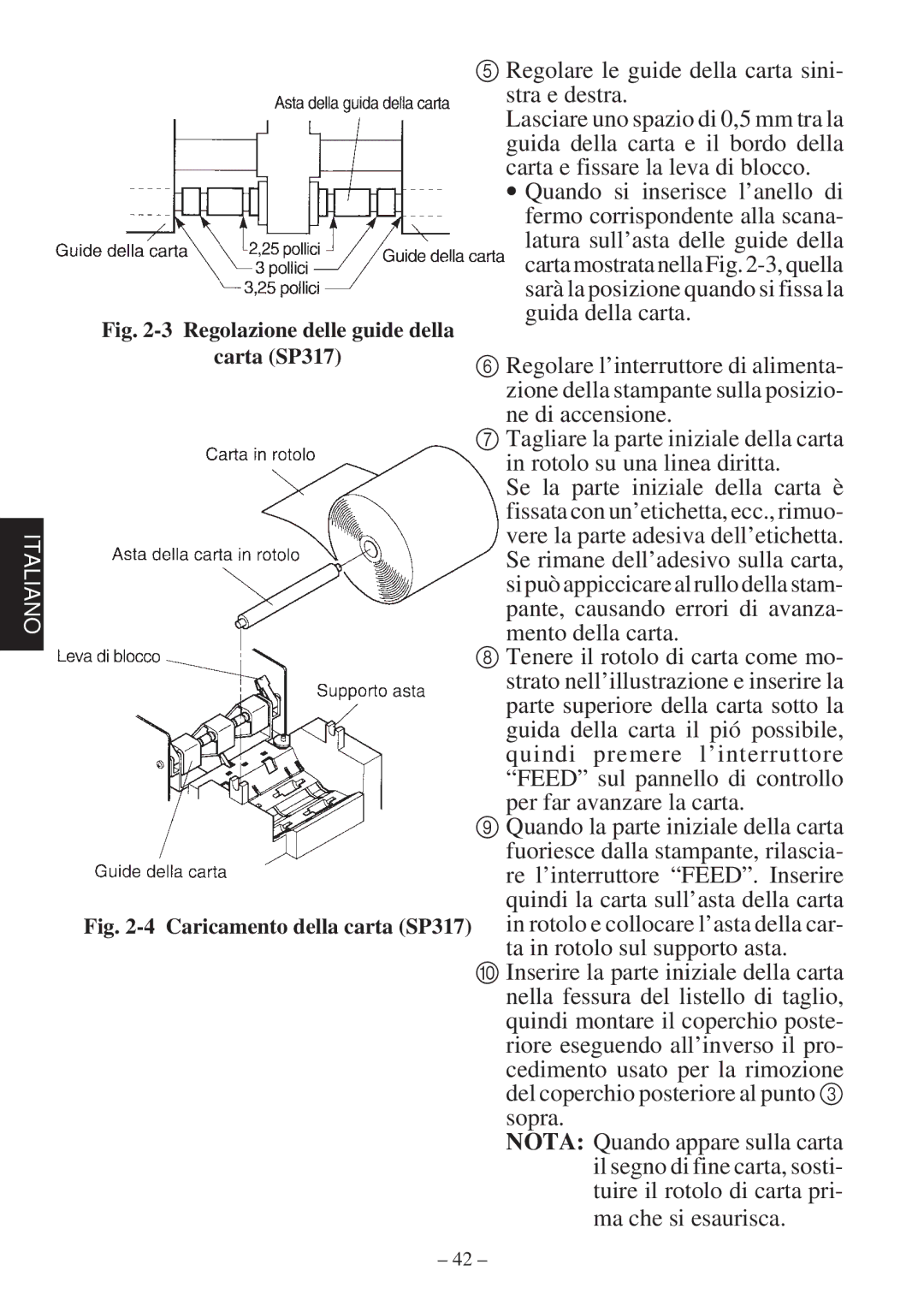 Star Micronics 347F user manual Regolazione delle guide della Carta SP317 