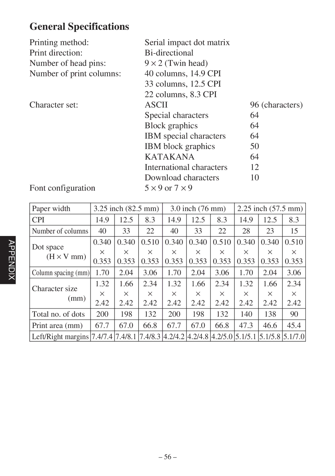 Star Micronics 347F user manual General Specifications, Characters 