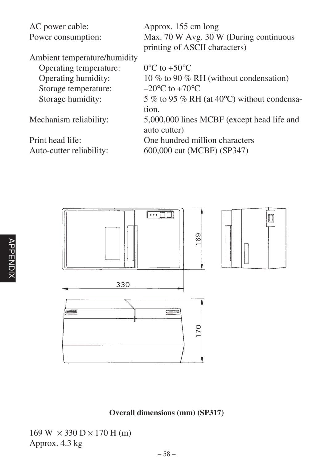 Star Micronics 347F user manual Tion, 169 W × 330 D × 170 H m Approx .3 kg 