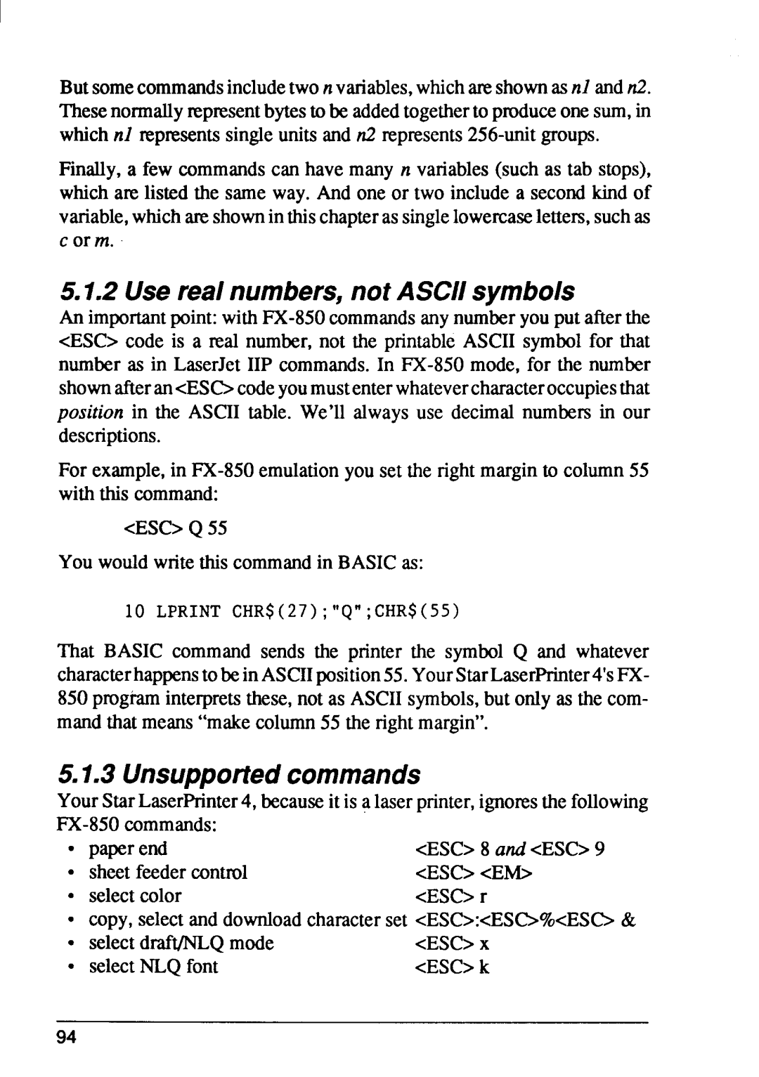 Star Micronics 4 manual Use real numbers,not ASC/1symbols, Unsupportedcommands 