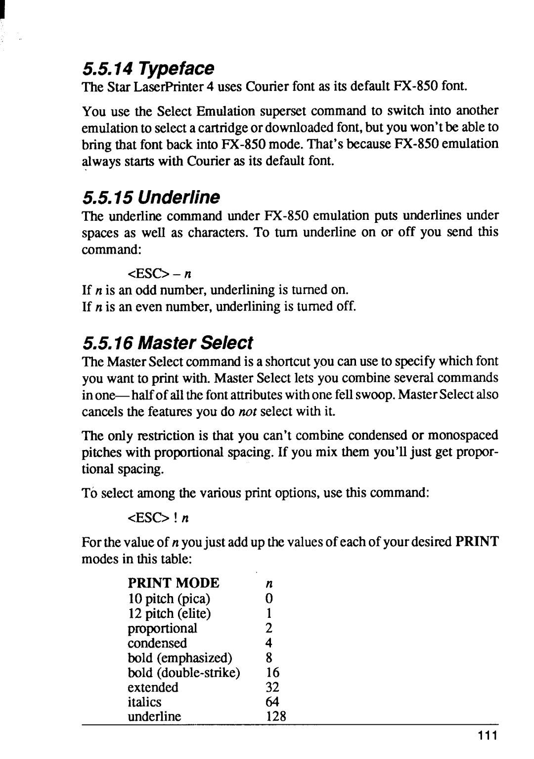 Star Micronics 4 manual Typeface, Underline, Master Select 