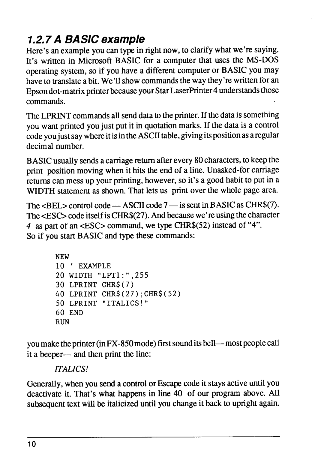 Star Micronics 4 manual 7A BASICexample, Italics 