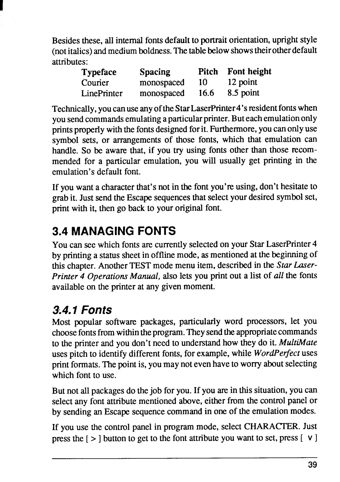 Star Micronics 4 manual Managingfonts, Fonts 