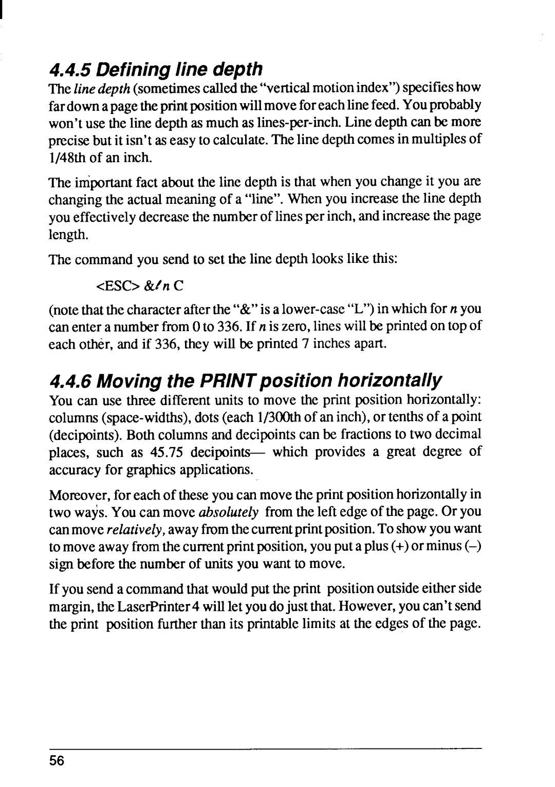 Star Micronics 4 manual Definingline depth, Movingthe PRINTpositionhorizontally 