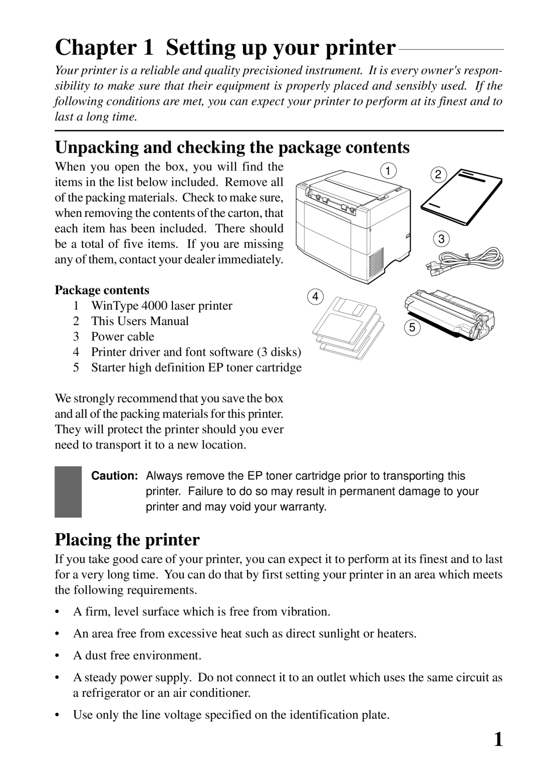 Star Micronics 4000 user manual Setting up your printer, Unpacking and checking the package contents, Placing the printer 