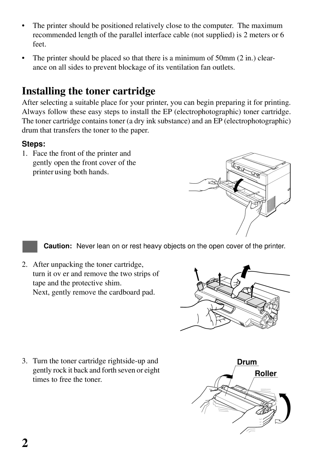 Star Micronics 4000 user manual Installing the toner cartridge, Steps, Drum, Roller 