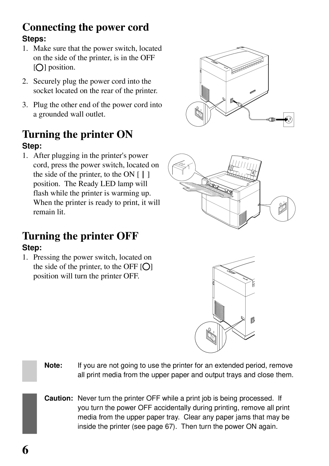 Star Micronics 4000 user manual Connecting the power cord, Turning the printer on, Turning the printer OFF, Step 