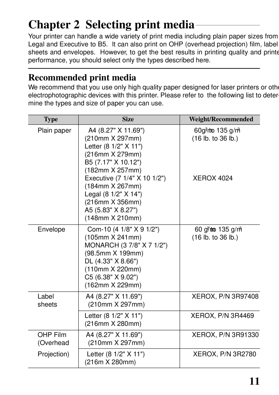 Star Micronics 4000 user manual Selecting print media, Recommended print media, Type Size Weight/Recommended 