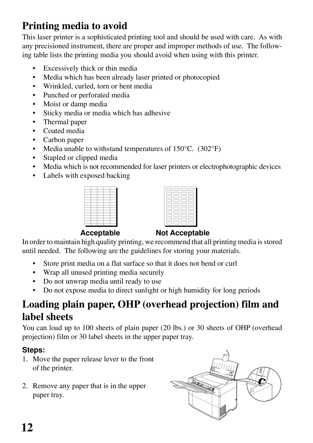 Star Micronics 4000 user manual Printing media to avoid, AcceptableNot Acceptable 